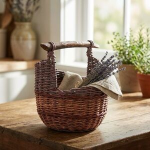 Handwoven Recycled Paper Rope Hanging Basket w/ Rustic Wood Dowel